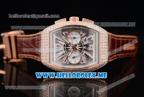 Franck Muller Vanguard Miyota OS20 Quartz Rose Gold Case with Champagne Dial Brown Leather Strap Arabic Numeral Markers and Diamonds Bezel - Click Image to Close